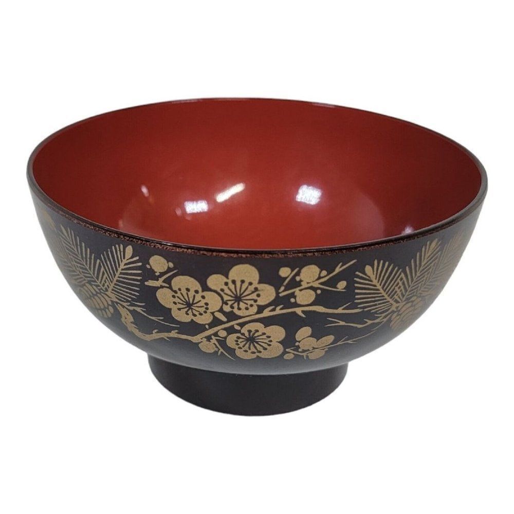 Japanese Miso Soup Rice Bowl 4.25"D Black Lacquer Floral Hill Flowers JAPAN MADE